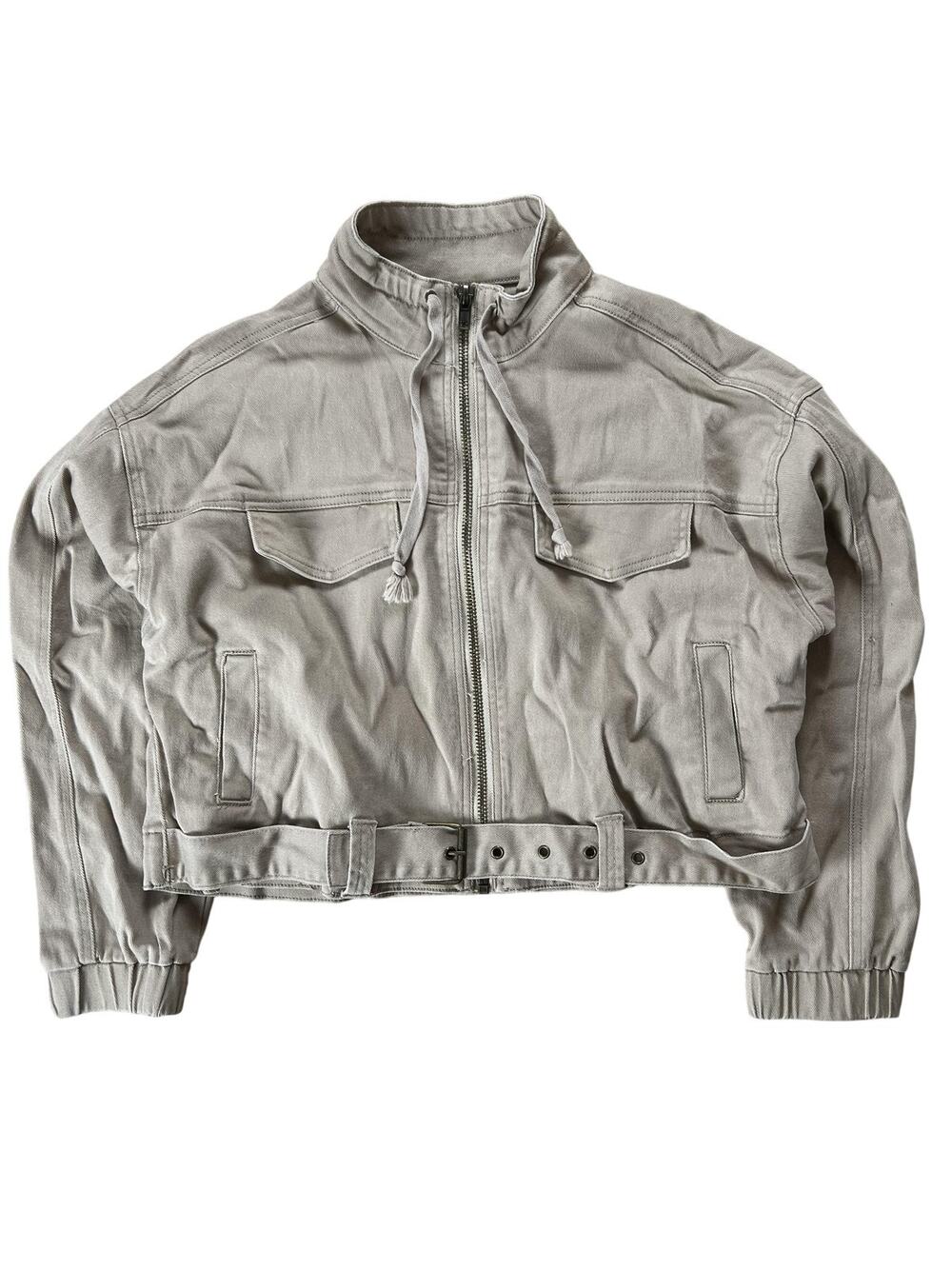 TINSEL Womens Cropped Belted Jacket Medium Beige Cotton Zip Front Drawstring